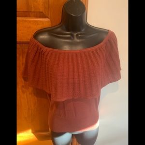 New M Express Ruffle Off The Shoulder brown Sweater top blouse shirt